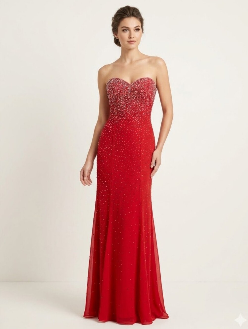 Tiffany Designs Strapless Red Floor Length Crystal-Embellished Evening Gown Sz 8